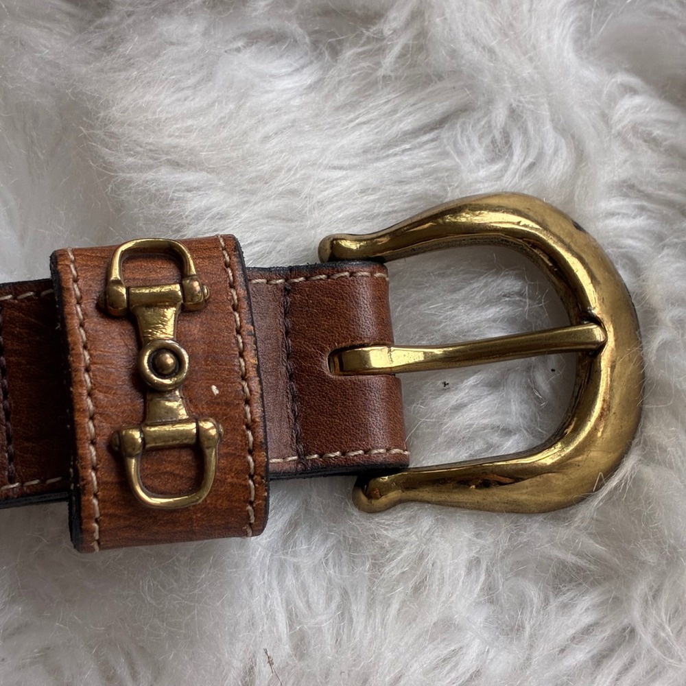 Vintage Joan & David Brown Calfskin Leather Equestrian Horsebit Belt Gold Large
